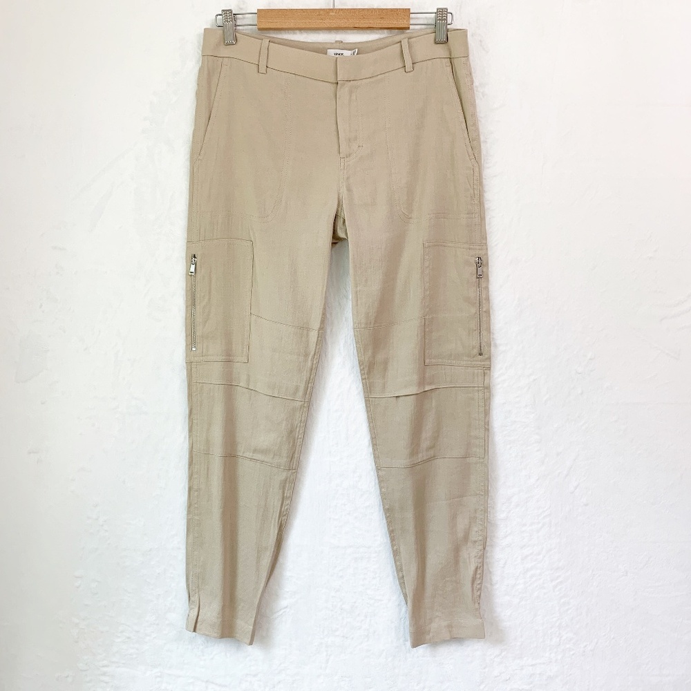 Vince Women's Linen Blend Cargo Jogger Trouser Pants Khaki Sz 4